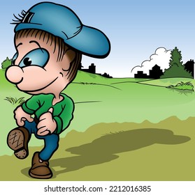 Blue-eyed Boy in a Baseball Cap - Colored Cartoon Illustration with Background, Vector