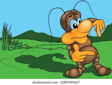 The Blue-eyed Brown Beetle Gestures with his Hands - Colored Cartoon Illustration with Background, Vector