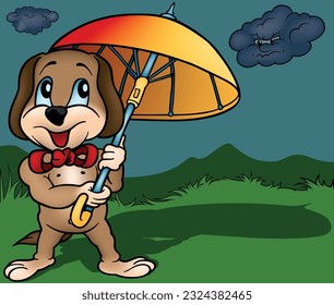 The Blue-eyed Brown Doggy Holds a Colorful Umbrella in his Paws - Colored Cartoon Illustration with Background, Vector