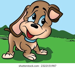 Blue-eyed Cute Brown Puppy from Side View - Colored Cartoon Illustration with Background, Vector