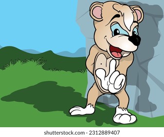 Blue-eyed Cute Teddy Bear Talking with Raised Finger on his Hand from Front View - Colored Cartoon Illustration with Background, Vector