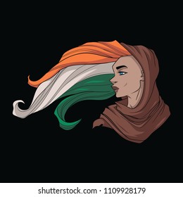 Blue-eyed dark-skinned woman with hair colors of the flag of India on a black background