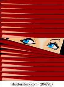 Blue-Eyed Girl Looks Because Of Red Jalousie. Vector Illustration. No Meshes.