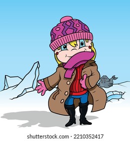 Blue-eyed Girl in Winter Clothes with a Cap and Scarf - Colored Cartoon Illustration with Background, Vector