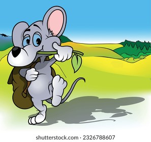 Ratón gris de ojos azules con mochila sobre su hombro - Ilustración de dibujos de color con fondo, vector
