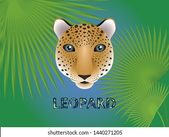 Blue-eyed leopard cheetah face mascot emoticon logo in the fan palm 
