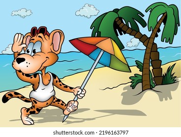 Un leopardo de los ojos azules con una sombrilla en sus paseos por la playa - Ilustración de dibujos de color con fondo, vector