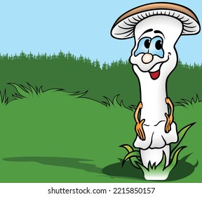 Blue-eyed Mushroom in the Grass with a Smile on its Face - Colored Cartoon Illustration with Background, Vector