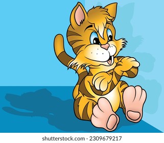 Blue-eyed Orange Kitty with Crossed Paws Sitting on the Ground - Colored Cartoon Illustration with Background, Vector