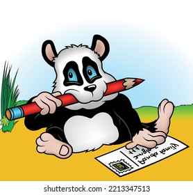 Blue-eyed Panda Bear Sitting on the Ground with a Crayon in his Mouth and a Paw on a Postcard - Colored Cartoon Illustration with Background, Vector