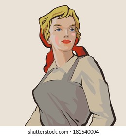 Blue-eyed russian young working girl retro illustration