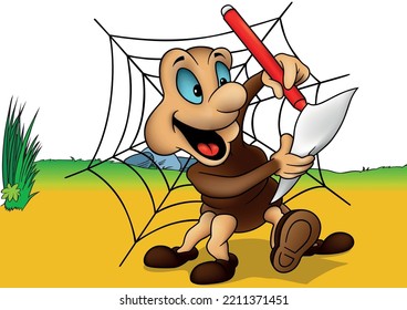 Blue-eyed Smiling Spider Writes a Letter - Colored Cartoon Illustration with Background, Vector