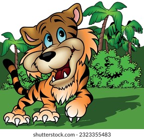 Blue-eyed Smiling Tiger from the Front View - Colored Cartoon Illustration with Tropical Background, Vector