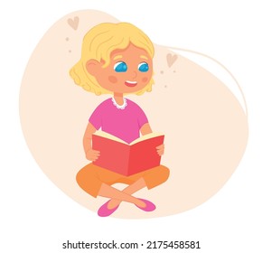 A blue-eyed young girl siting in a lotus pose and reading a book. Book lover, cute smiling girl. Cartoon child. Hand drawn Vector illustration.