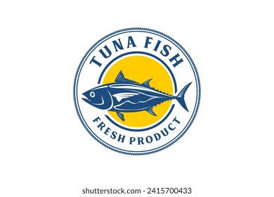 Bluefin tuna badge logo, fisherman catch in the sea. High protein marine fish products.