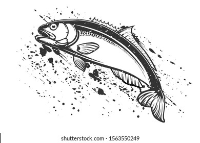 Bluefish isolated vector illustration. Fishing logo of mackerel. Fishing emlem for company or sport club. Marine theme background. 