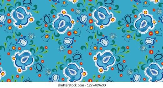 Bluefolk art pattern with bellflower, green leaves and red ornamental circles. Folk art embroidery style. Surface pattern design.