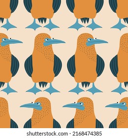 Blue-footed boobies hand drawn vector illustration. Adorable colorful birds in flat style seamless pattern for children fabric or wallpaper.