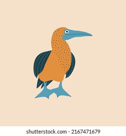 Blue-footed booby hand drawn vector illustration. Isolated cute colorful bird in flat style for kids logo or icon.