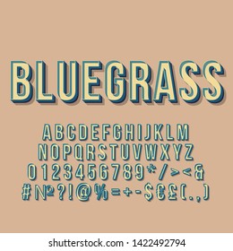 Bluegrass vintage 3d vector lettering. Retro bold font, typeface. Pop art stylized text. Old school style letters, numbers, symbols, elements pack. 90s, 80s poster, banner. Beige color background