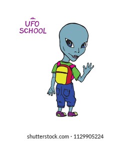 Blue-gray alien humanoid boy going to school with colorful bag on shoulders, hand drawn doodle, sketch, vector color illustration