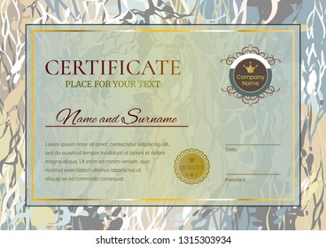 Blue-gray certificate template design with abstract marble texture. Award background. Vector illustration.