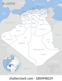 Blue-gray detailed map of Algeria administrative divisions and location on the globe. Vector illustration