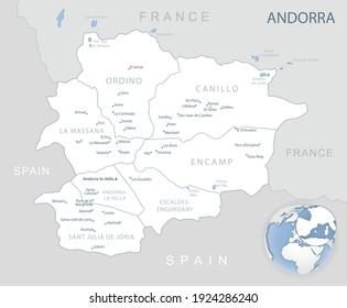 Blue-gray detailed map of Andorra administrative divisions and location on the globe. Vector illustration