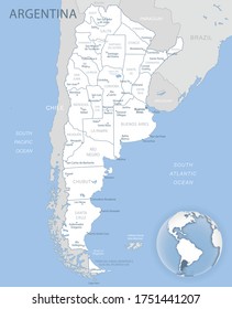 Blue-gray detailed map of Argentina administrative divisions and location on the globe. Vector illustration