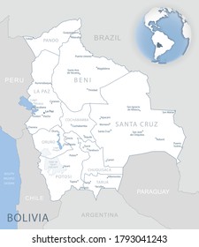 Blue-gray detailed map of Bolivia administrative divisions and location on the globe. Vector illustration