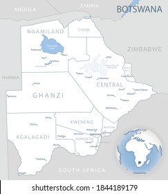 Blue-gray detailed map of Botswana administrative divisions and location on the globe. Vector illustration