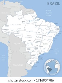 Blue-gray detailed map of Brasilia and administrative divisions and location on the globe. Vector illustration