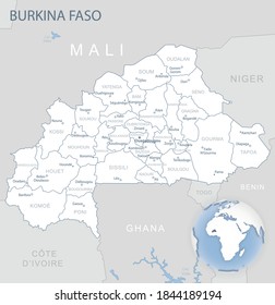 Blue-gray detailed map of Burkina Faso administrative divisions and location on the globe. Vector illustration