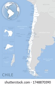 Blue-gray detailed map of Chile and administrative divisions and location on the globe. Vector illustration