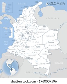 Blue-gray detailed map of Colombia administrative divisions and location on the globe. Vector illustration