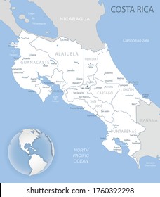 Blue-gray detailed map of Costa Rica administrative divisions and location on the globe. Vector illustration