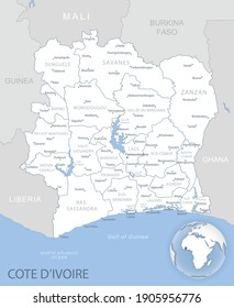 Mapa detallado en azul gris de las divisiones administrativas de Costa de Marfil y su ubicación en el mundo. Ilustración del vector