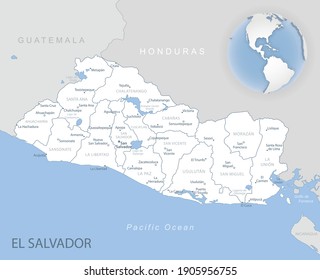 Mapa detallado en azul gris de las divisiones administrativas de El Salvador y ubicación en el mundo. Ilustración del vector