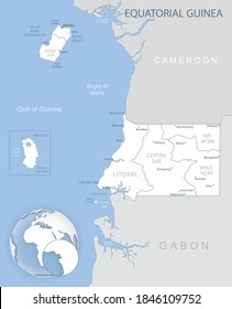 Blue-gray detailed map of Equatorial Guinea administrative divisions and location on the globe. Vector illustration