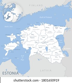 Blue-gray detailed map of Estonia administrative divisions and location on the globe. Vector illustration