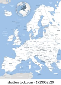 Mapa detallado en azul gris de las divisiones administrativas de Europa y la Unión Europea y ubicación en el mundo. Ilustración del vector