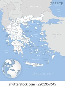 Mapa detallado en azul gris de las divisiones administrativas de Grecia y ubicación en el mundo. Ilustración del vector