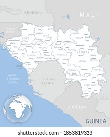 Blue-gray detailed map of Guinea administrative divisions and location on the globe. Vector illustration