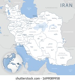 Blue-gray detailed map of Iran and administrative divisions and location on the globe. Vector illustration