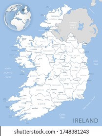 Blue-gray detailed map of Ireland administrative divisions and location on the globe. Vector illustration