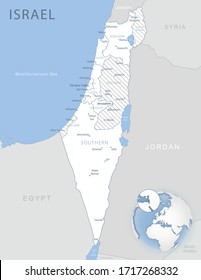 Blue-gray detailed map of Israel and administrative divisions and location on the globe. Vector illustration