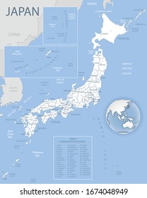 Blue-gray detailed map of Japan with administrative districts and location on the globe. Vector illustration