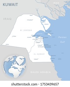 Mapa detallado en azul gris de las divisiones administrativas de Kuwait y ubicación en el mundo. Ilustración del vector
