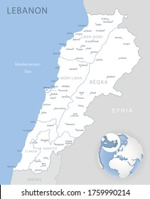 Blue-gray detailed map of Lebanon administrative divisions and location on the globe. Vector illustration