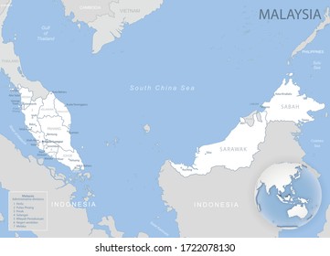 Blue-gray detailed map of Malaysia administrative divisions and location on the globe. Vector illustration